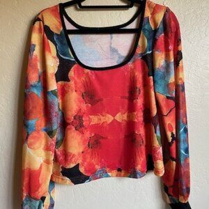Izuria Ornge Floral Bishop Sleeve Round Neck Top